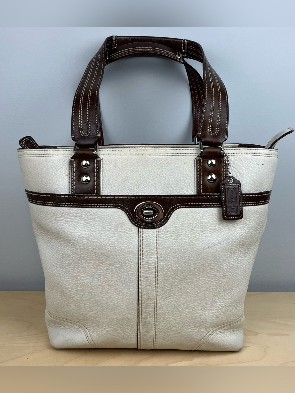 COACH Tote Purse “Hamilton” Leather Bag Stone Ivory w Brown Trim F13959 Fair